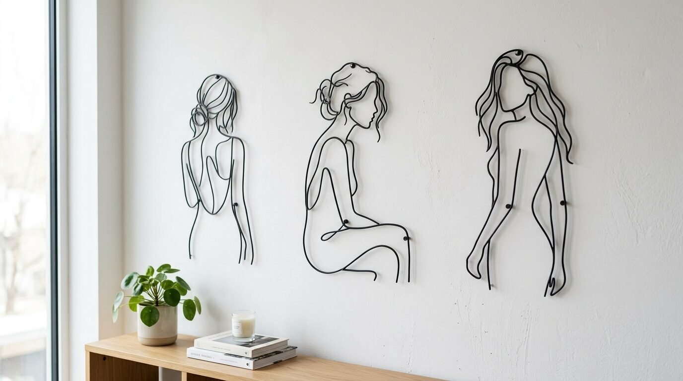 Three abstract metal line art figures mounted on a white wall above a wooden console table.