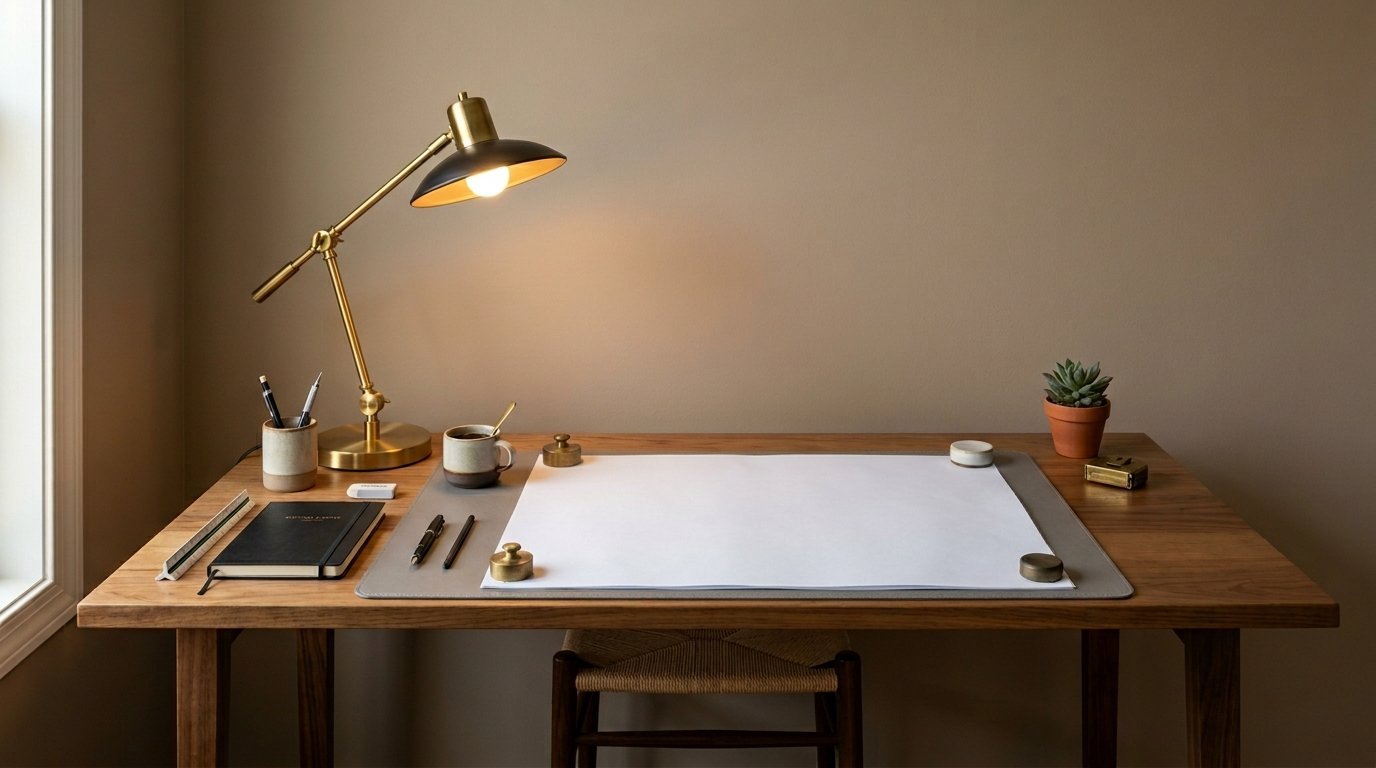 Wooden desk with a blank sheet of paper, brass weights, a pencil cup, and a glowing desk lamp against a tan wall.