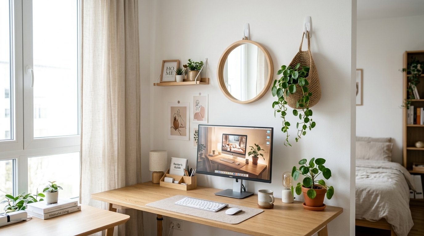 Bright home workspace with a monitor, hanging mirror, and potted greenery against a white wall.