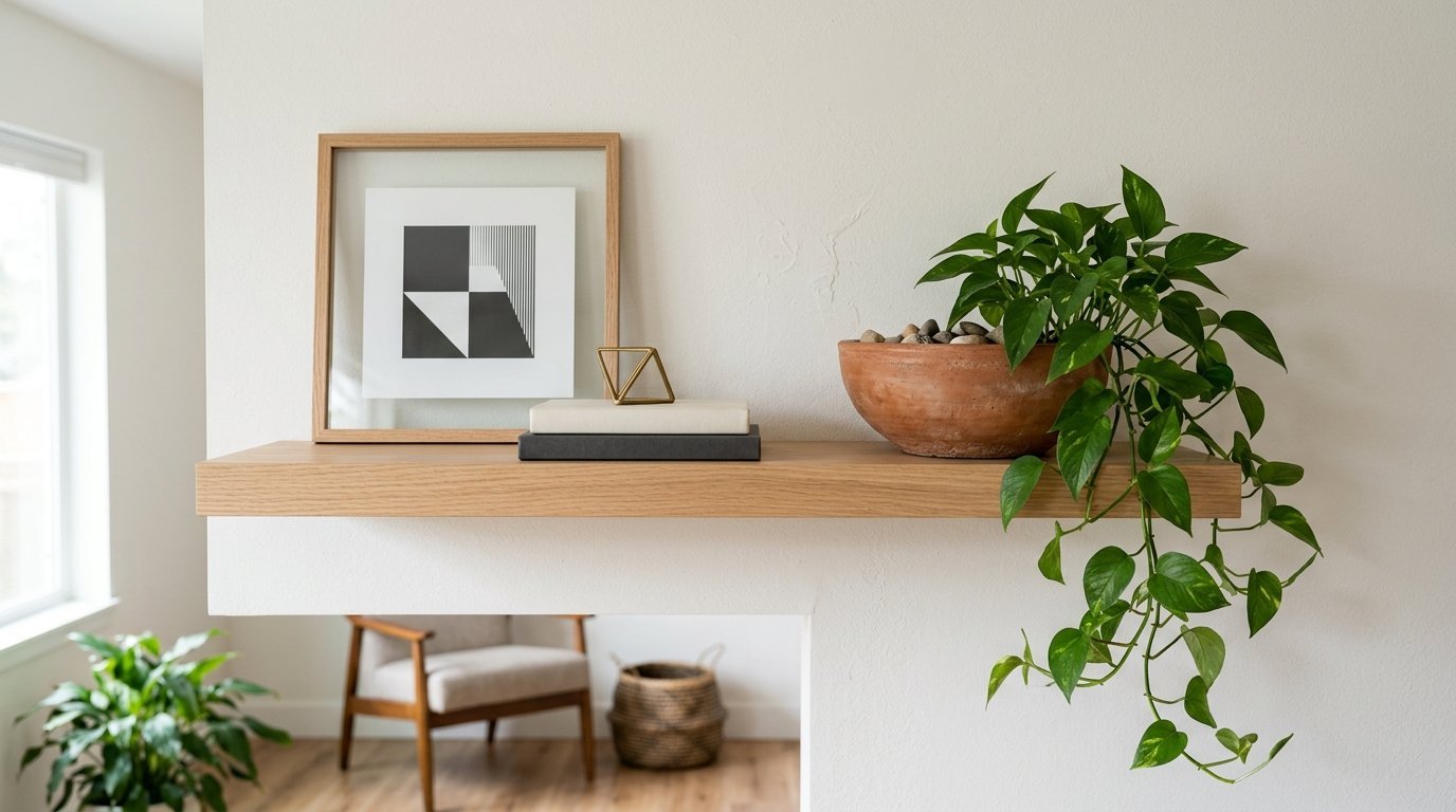 Floating oak shelf holding a potted trailing pothos, stacked books, a geometric wire sculpture, and framed wall art.