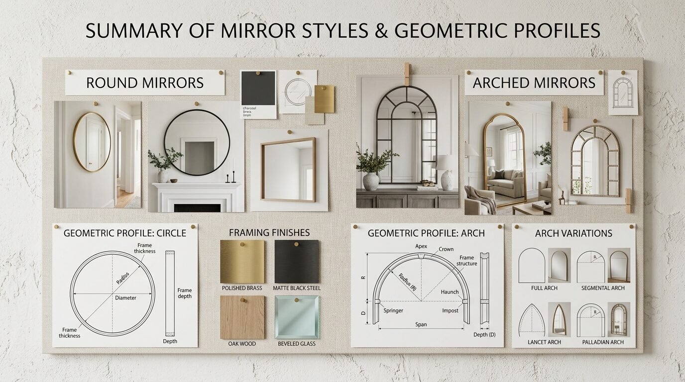 A design moodboard showing diagrams and photos of various round and arched mirror shapes, frames, and architectural types.