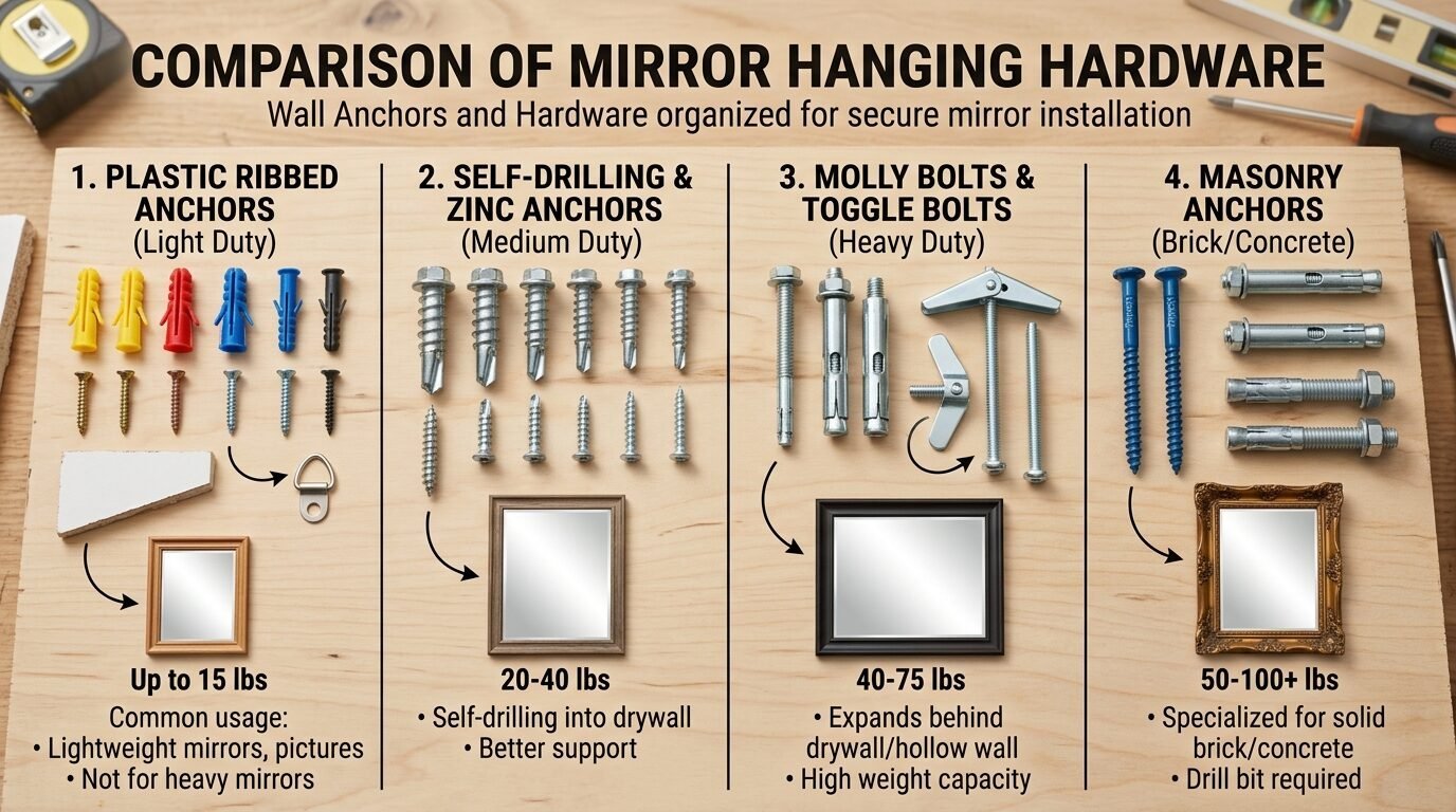 Chart displaying four categories of wall anchors for mirrors, ranging from light-duty plastic to heavy-duty bolts.