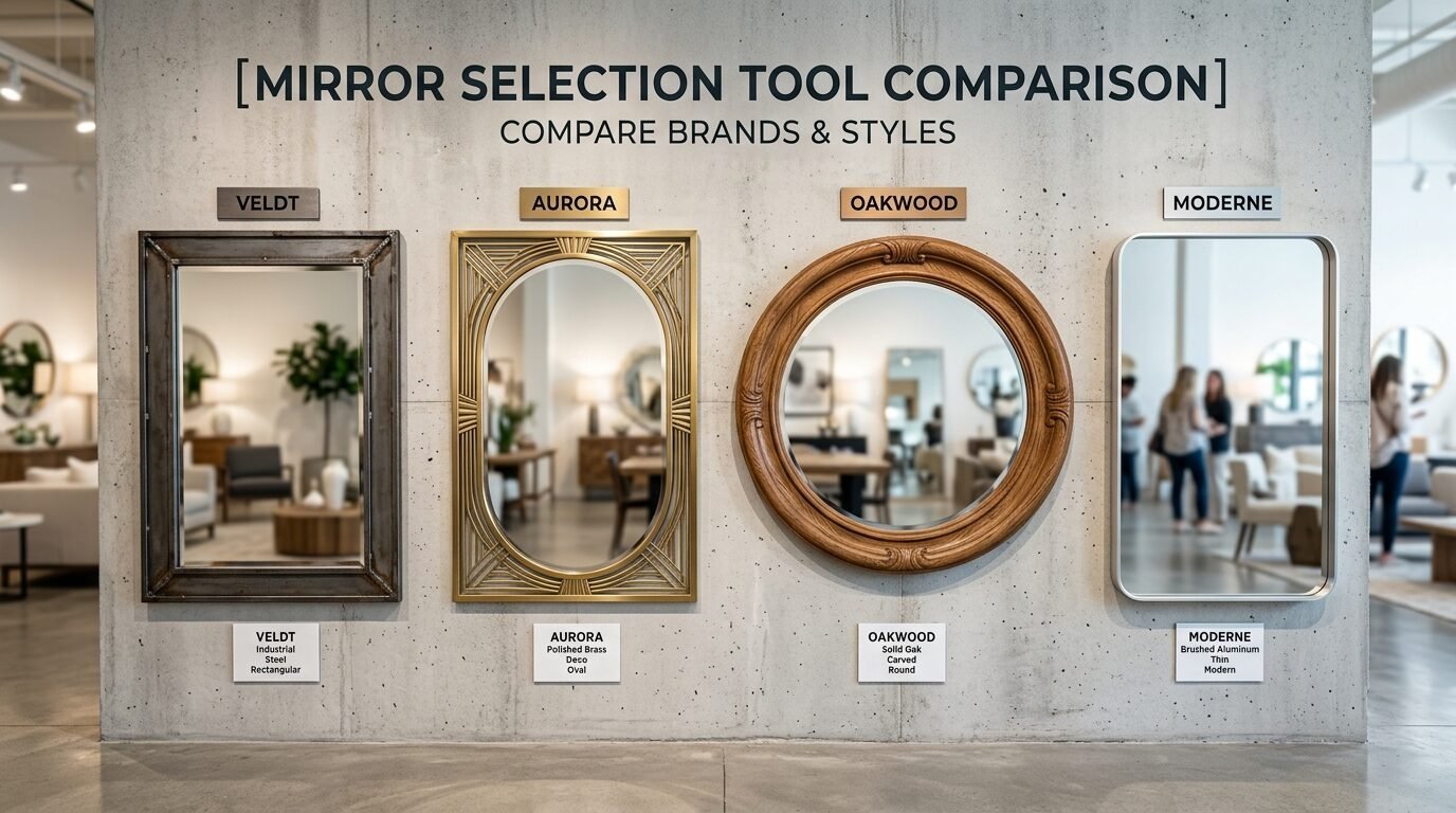 Retail display showing four different mirror styles labeled Veldt, Aurora, Oakwood, and Moderne on a grey wall.