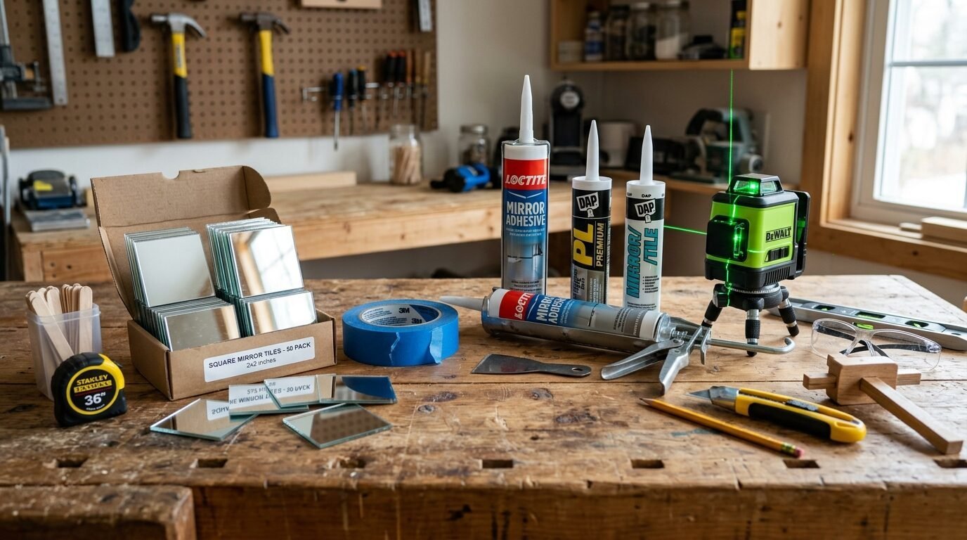 Mirror tiles, adhesive tubes, caulk gun, and a DeWalt laser level arranged on a wooden workbench for a home project.