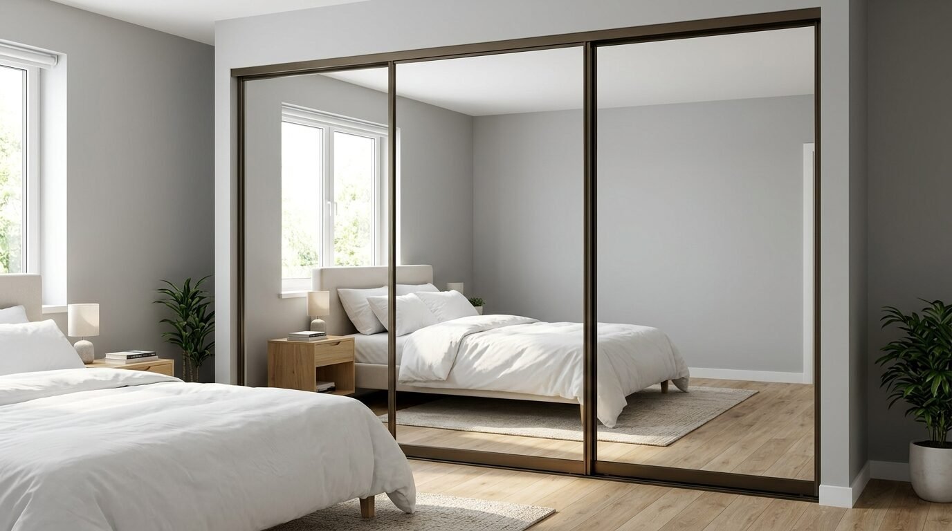 A bedroom reflected in three large sliding glass closet doors with dark metal frames.