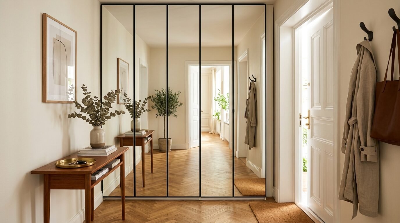 Modern hallway featuring a floor-to-ceiling black frame mirror, wood console, and herringbone flooring.