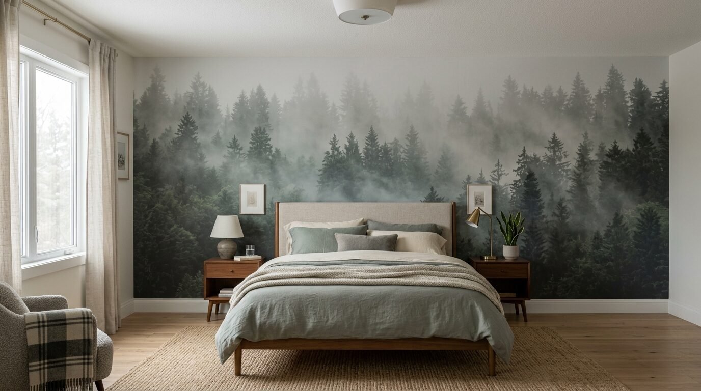 Modern bedroom with a floor-to-ceiling misty pine forest wallpaper and mid-century wooden furniture.