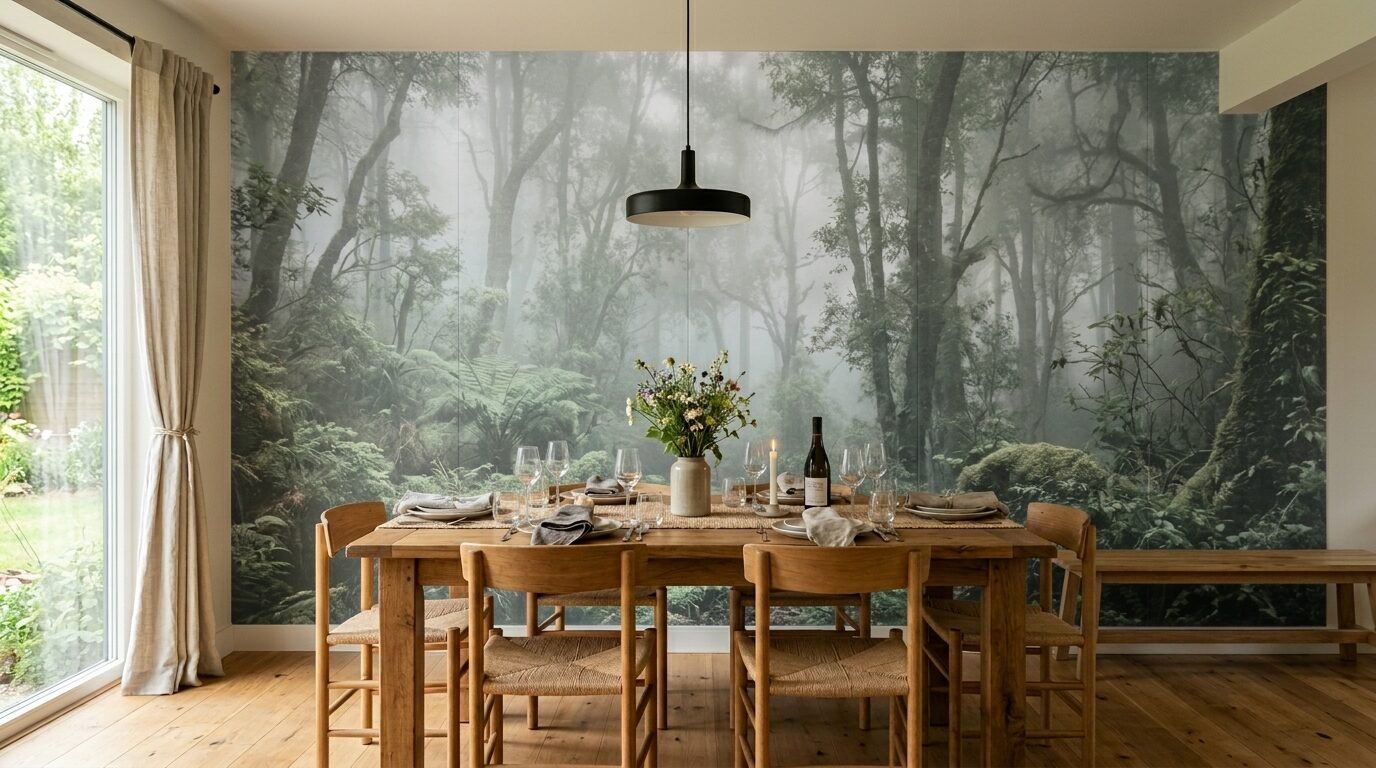 A wooden dining table with place settings in front of a wall-sized mural of a foggy, green forest.