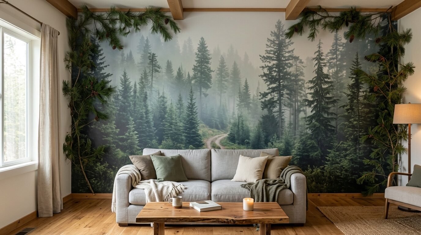 A grey sofa sits in front of a wall featuring a large, foggy pine forest nature mural decorated with pine branches.