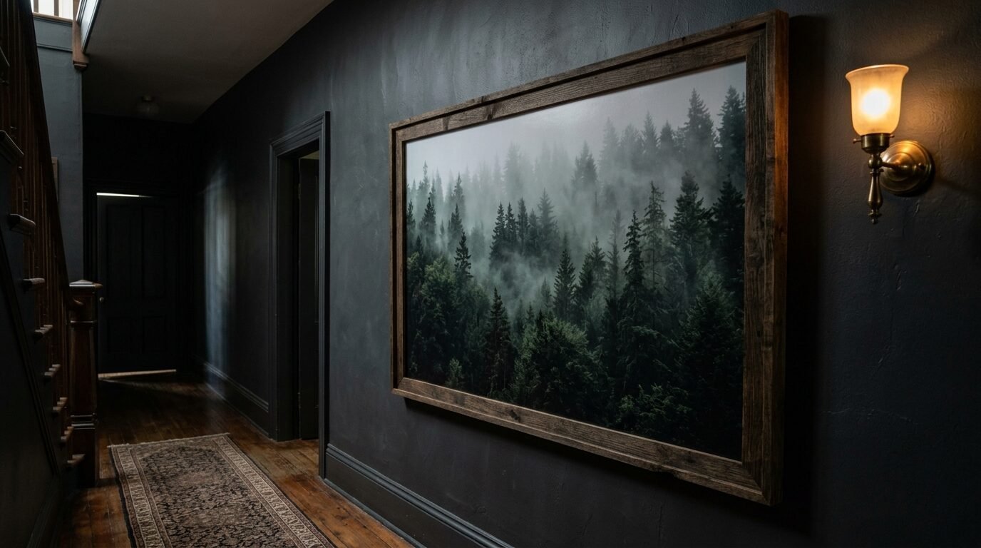 A rustic wood-framed print of a pine forest shrouded in mist hanging on a dark gray painted wall.