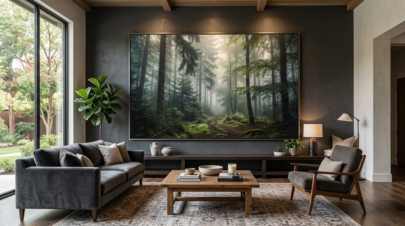 Spacious lounge featuring a dark wall with a massive print of a foggy forest scene above a wooden media console.