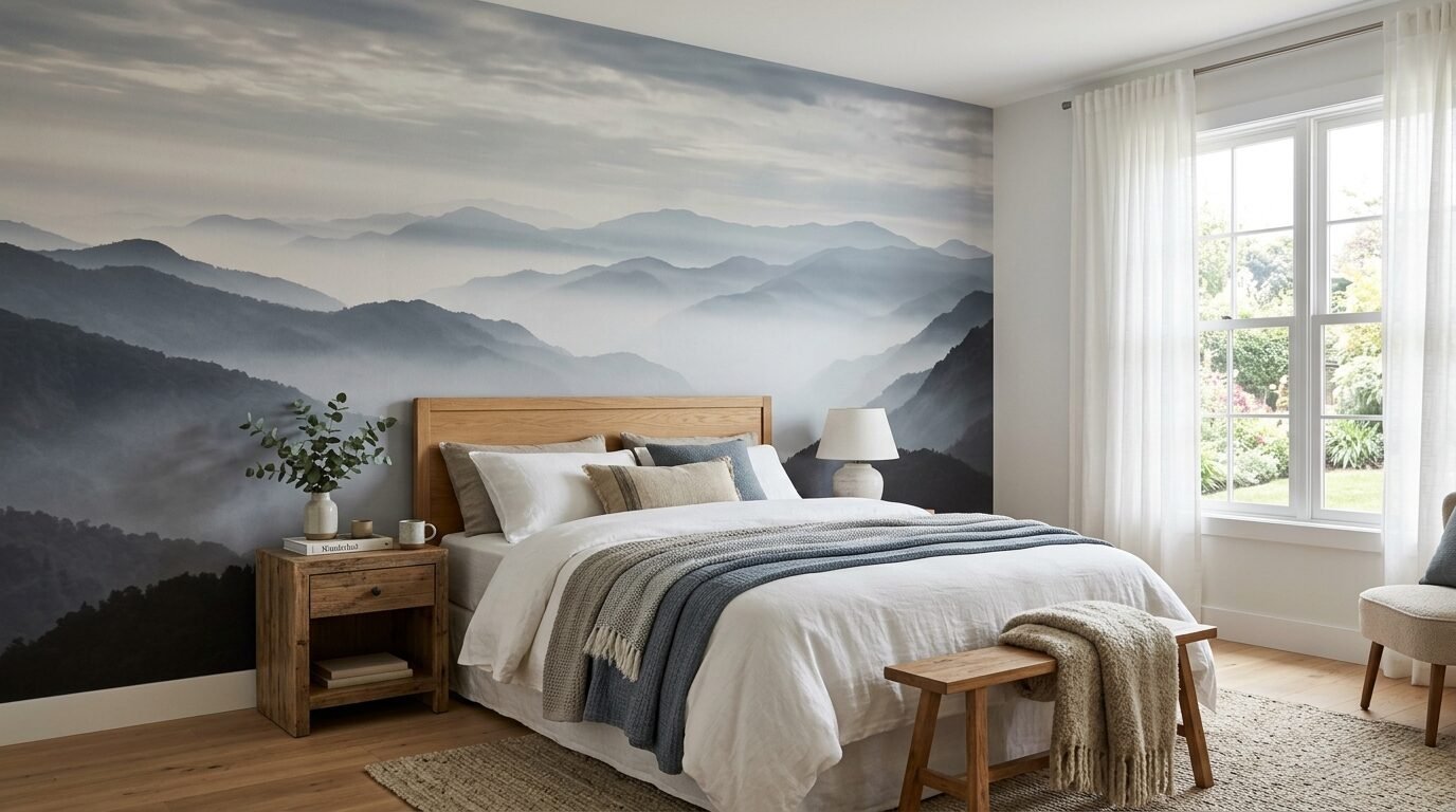 A tranquil bedroom with a large mountain range mural behind the bed and natural wooden furniture.