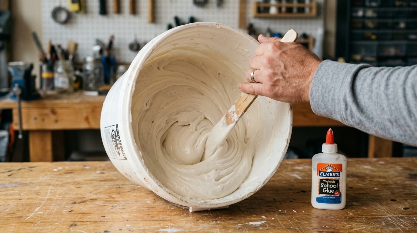 Close-up of a person mixing industrial white adhesive in a plastic bucket using a wooden stirring stick.