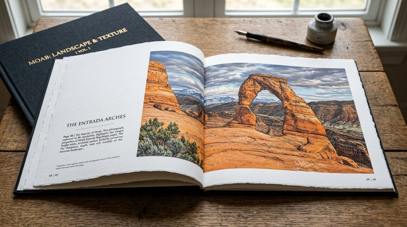 A coffee table book showing a spread of the Entrada Arches with a fountain pen and ink pot nearby on a wooden desk.