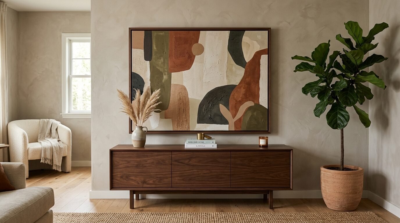 Textured abstract artwork in earth tones displayed on a neutral wall over a walnut sideboard and a potted fiddle leaf fig.