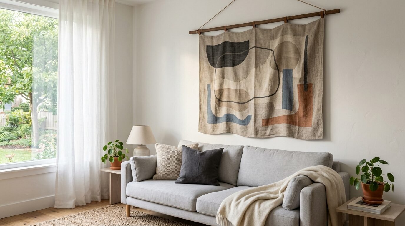 Grey sofa with decorative pillows below a large beige fabric art piece with geometric shapes.