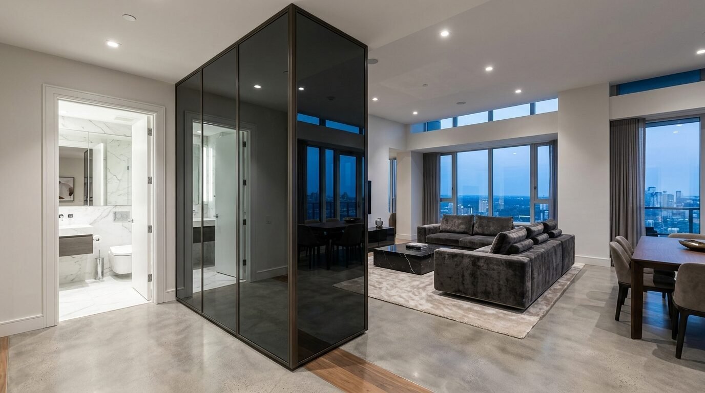 Spacious living room with a tall reflective glass closet divider next to a marble bathroom and dining area.