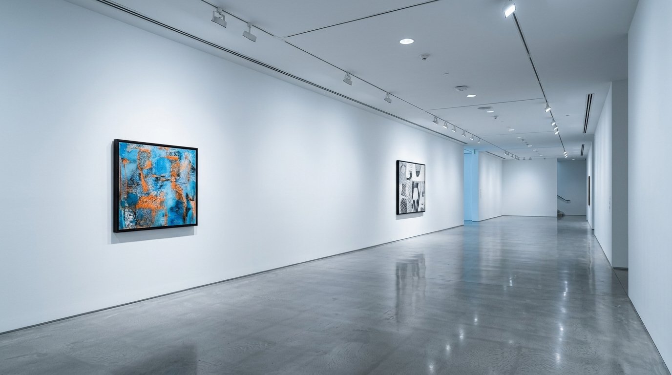 Spacious white art gallery featuring two framed abstract paintings on a long polished concrete wall.