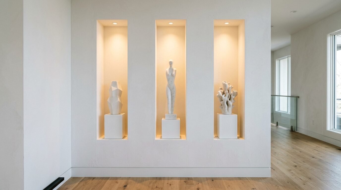 Three recessed white wall niches featuring a geometric vase, human figurine, and coral sculpture on pedestals.