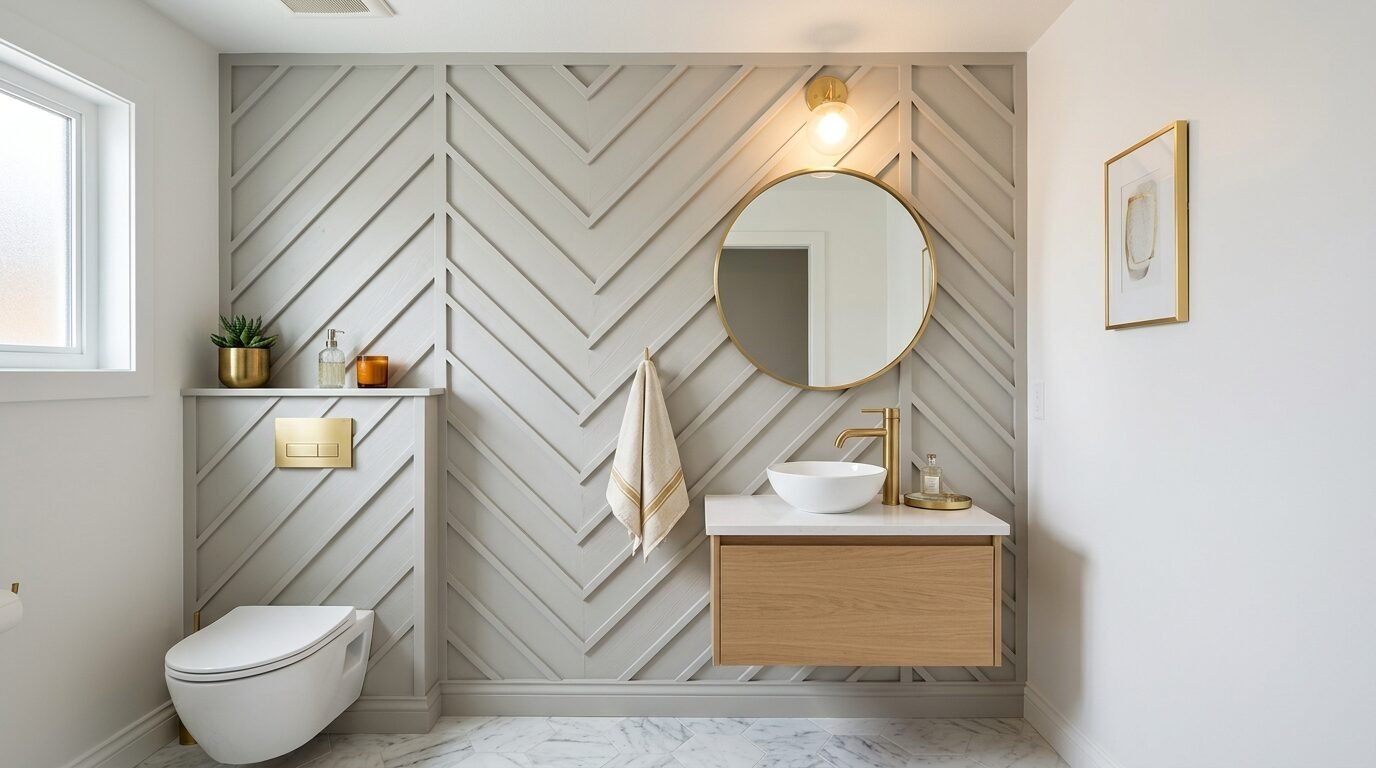 A modern bathroom with a light grey herringbone paneled wall, floating wood vanity, and circular gold mirror.