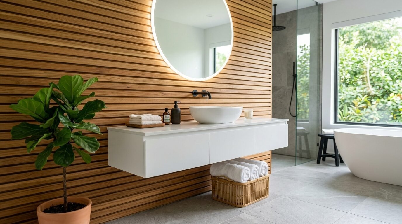 Floating white sink vanity against a warm wood slatted accent wall in a bright, modern bathroom.