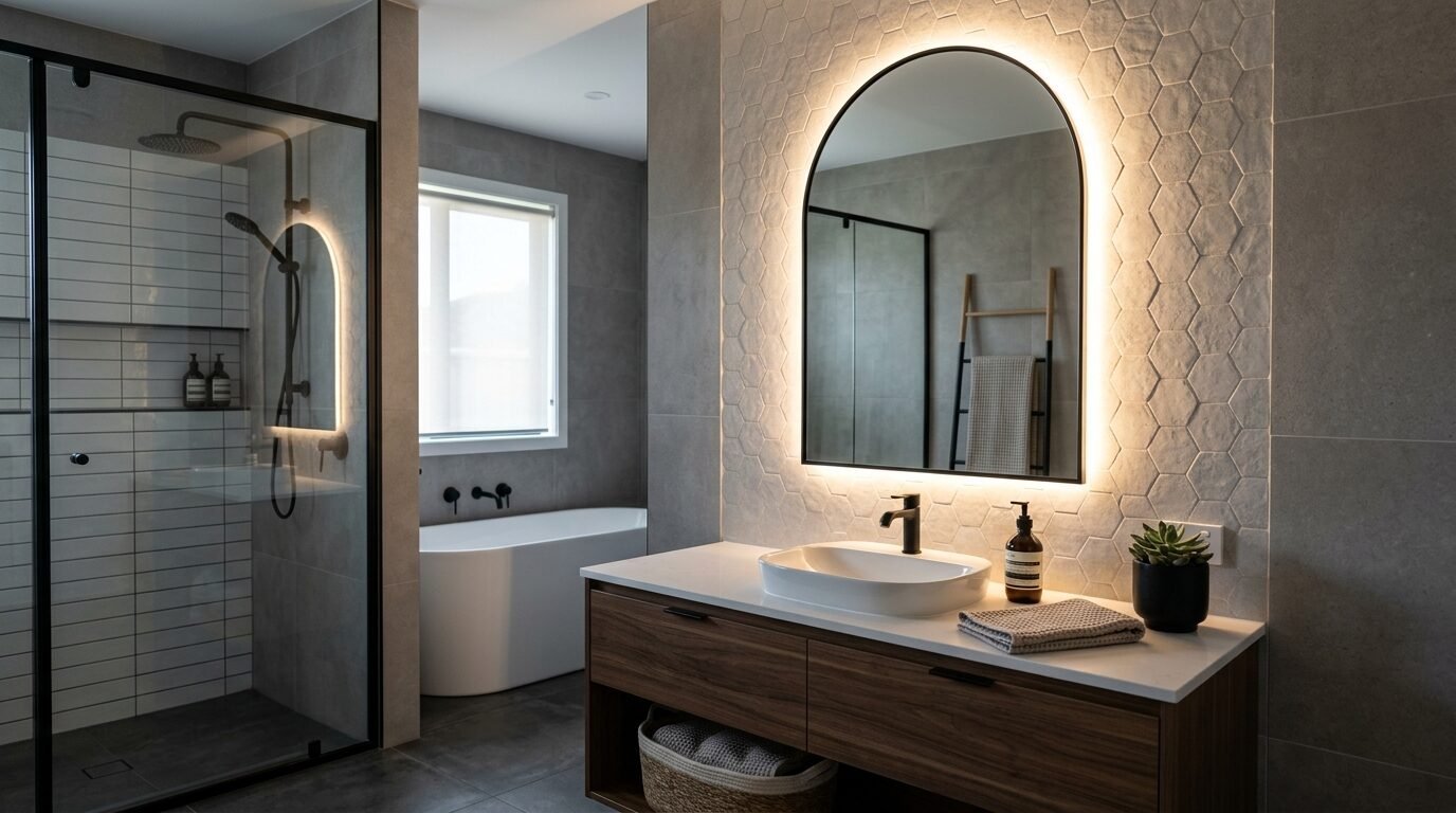 Modern bathroom with a backlit arched mirror, floating wood vanity, and a glass-enclosed shower.