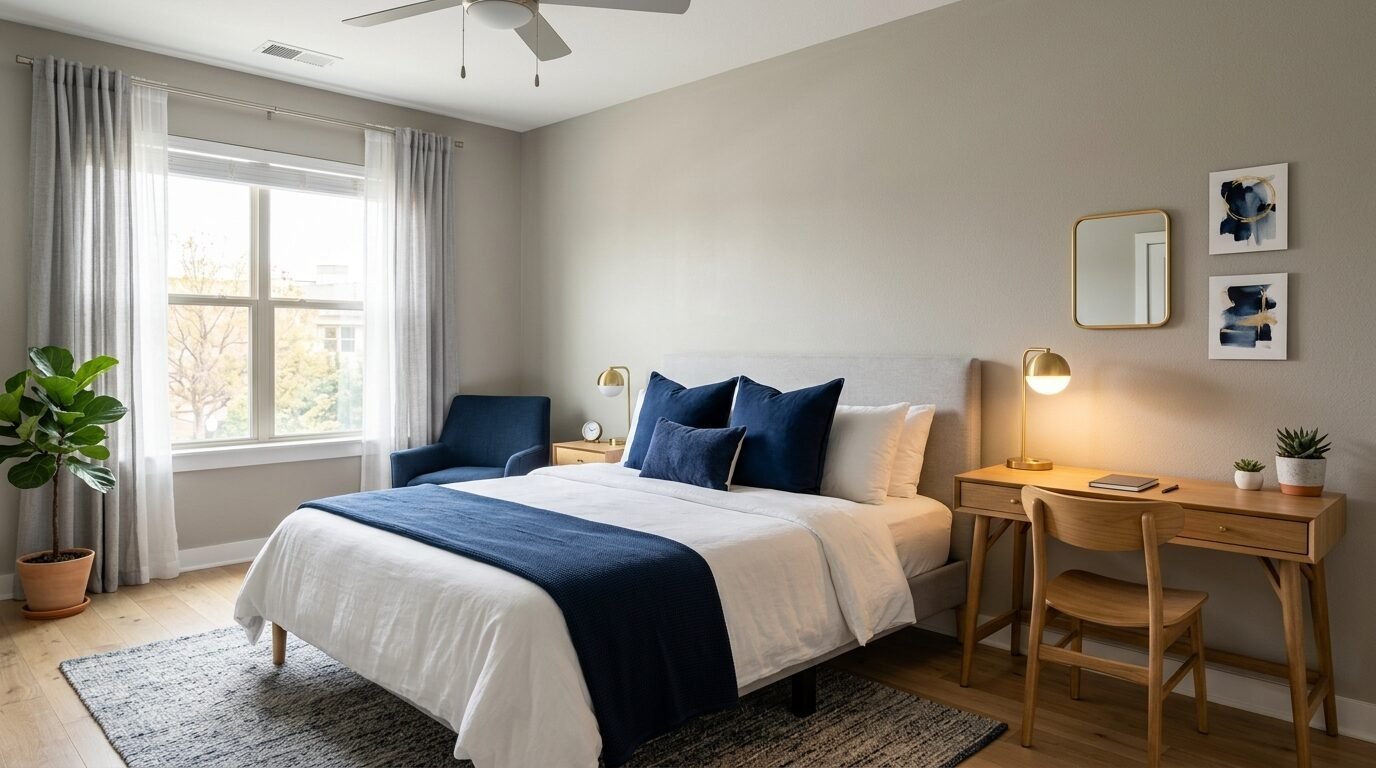 Modern bedroom with a white and blue bed, a wooden desk, and a navy blue armchair under a window.
