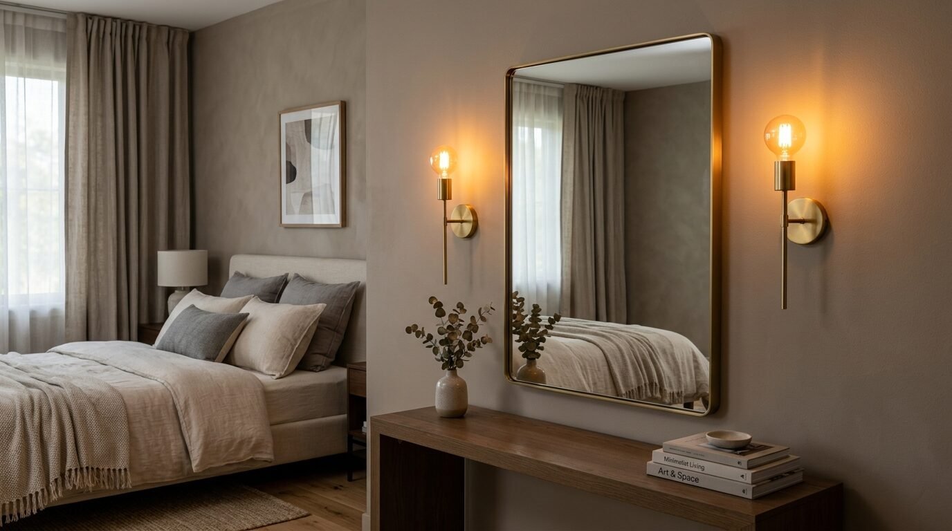 A beige bedroom wall with a rectangular mirror between two glowing brass wall lights and a wooden console table.