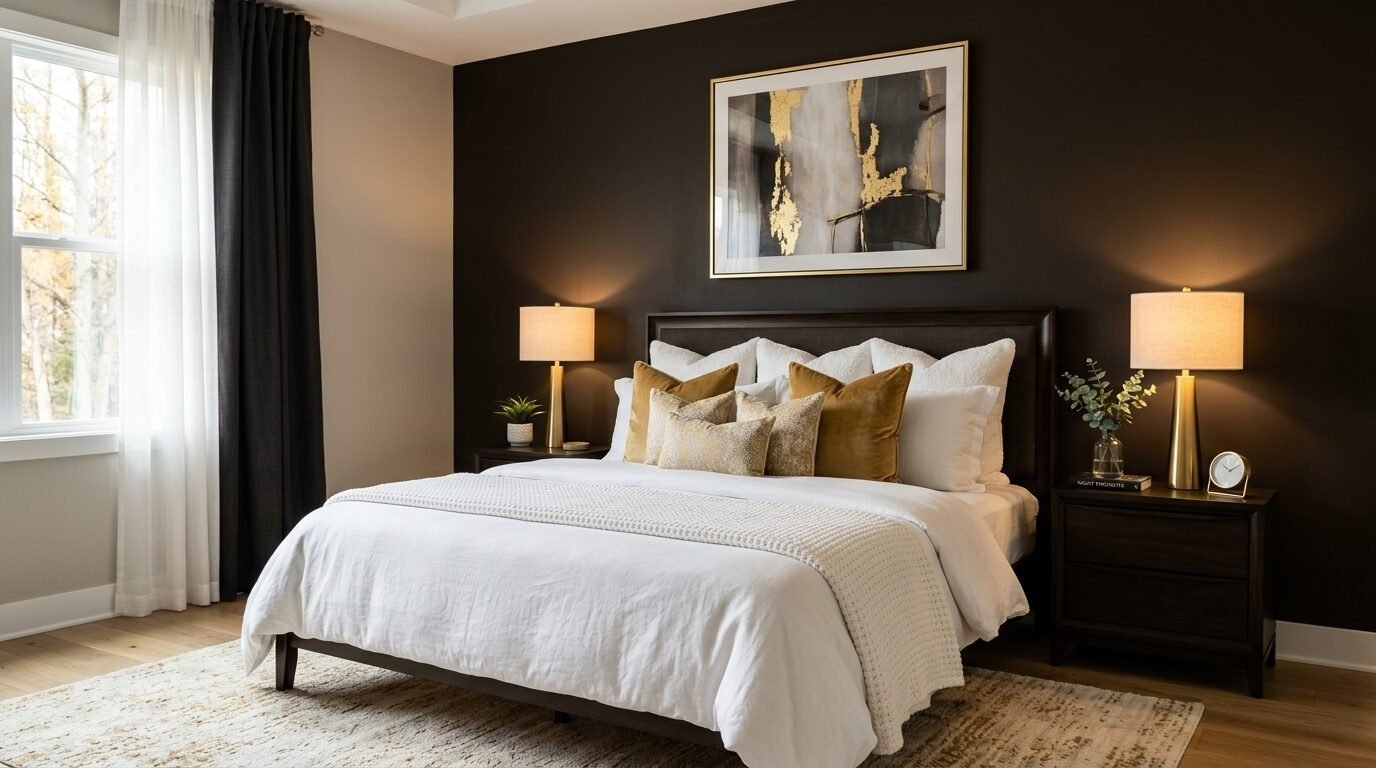 A bed with white bedding and gold pillows against a dark brown wall with gold-framed abstract art.