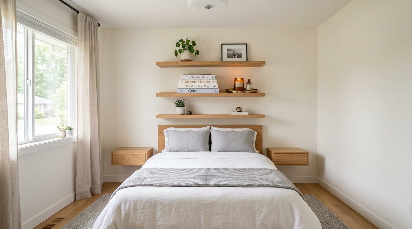 A serene bedroom with a light wood bed frame, floating shelves decorated with books and plants, and linen curtains.