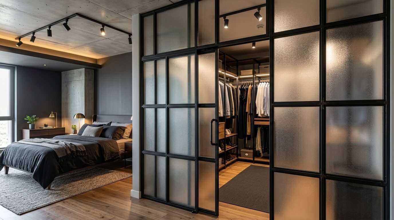 A contemporary bedroom with a grey bed and a walk-in wardrobe enclosed by black-framed frosted glass sliding panels.