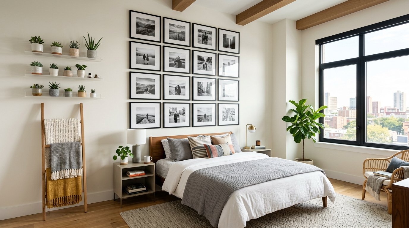 Modern bedroom with a grid of framed photos above a bed, a leaning blanket ladder, and small potted succulents.