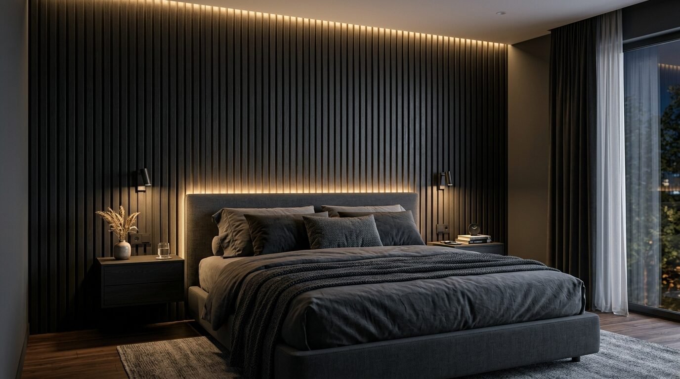 A luxurious dark bedroom with a grey upholstered bed, wooden wall panels, and soft LED strip lighting.
