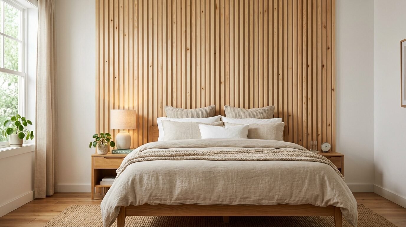 A calm, neutral-toned bedroom with a light oak bed frame and vertical wooden wall paneling behind the headboard.