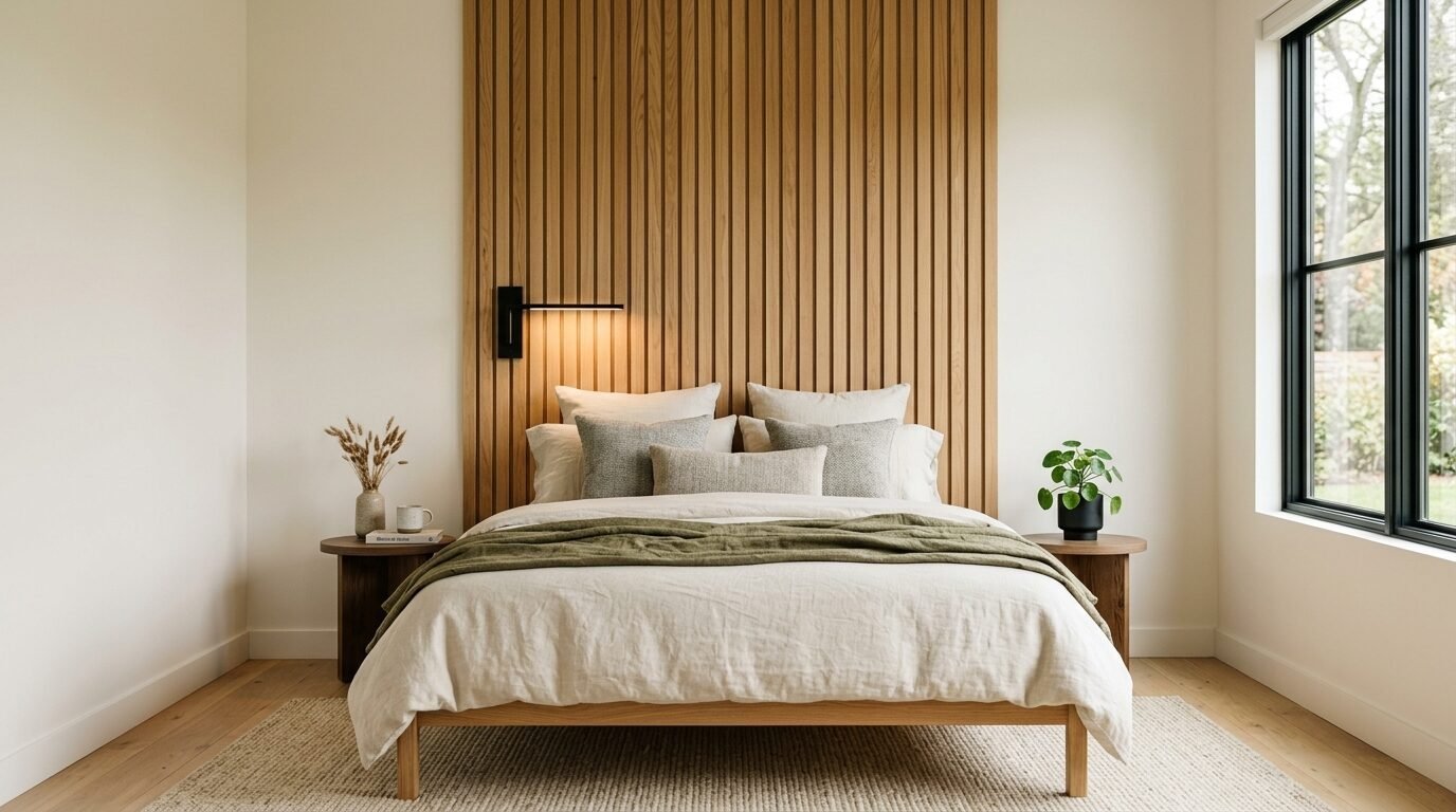 Modern bed with linen bedding centered against a vertical oak wood panel feature wall with a black wall lamp.