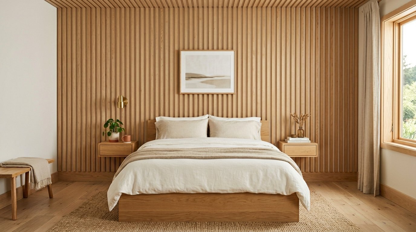 A calm bedroom with a bed centered against a natural oak wood slat wall with floating nightstands and neutral linens.