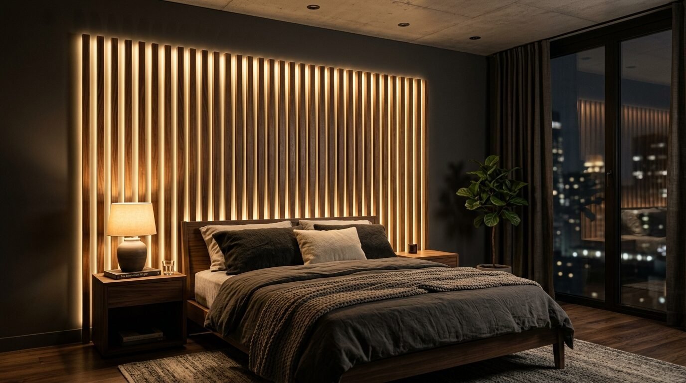 Dimly lit bedroom with a wooden slat headboard backlit by warm LED lighting and a nightstand lamp.