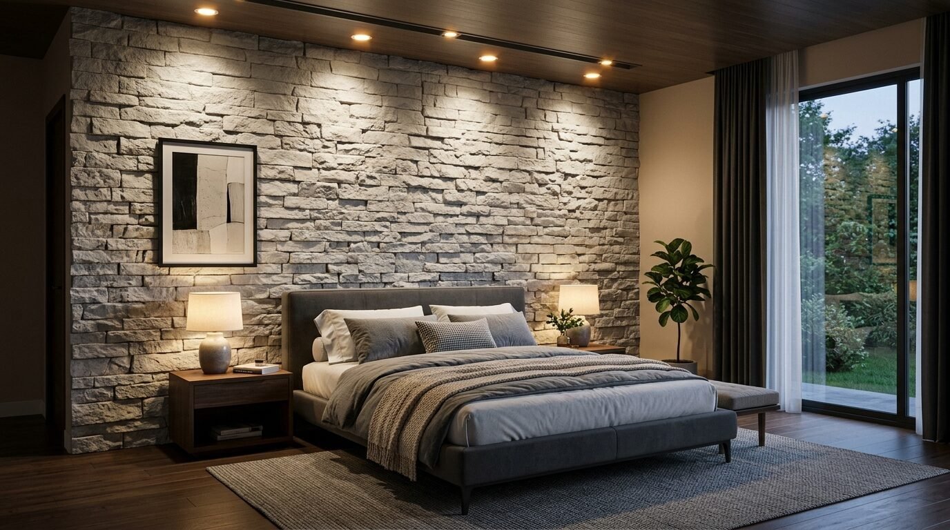 Modern bedroom with a stacked stone wall, platform bed, and warm recessed lighting.