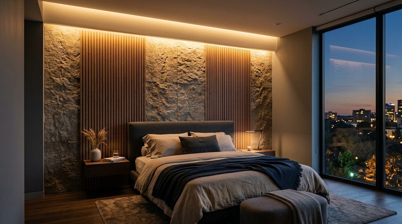 A modern bedroom featuring a bed placed against a wall with alternating panels of textured stone and vertical wood slats.