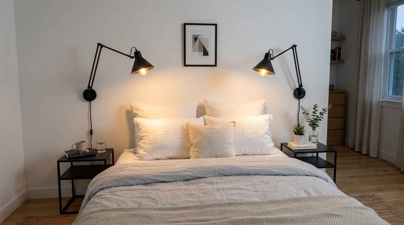A cozy, neutral-toned bedroom features a made bed with linen pillows and black metal adjustable bedside lights.