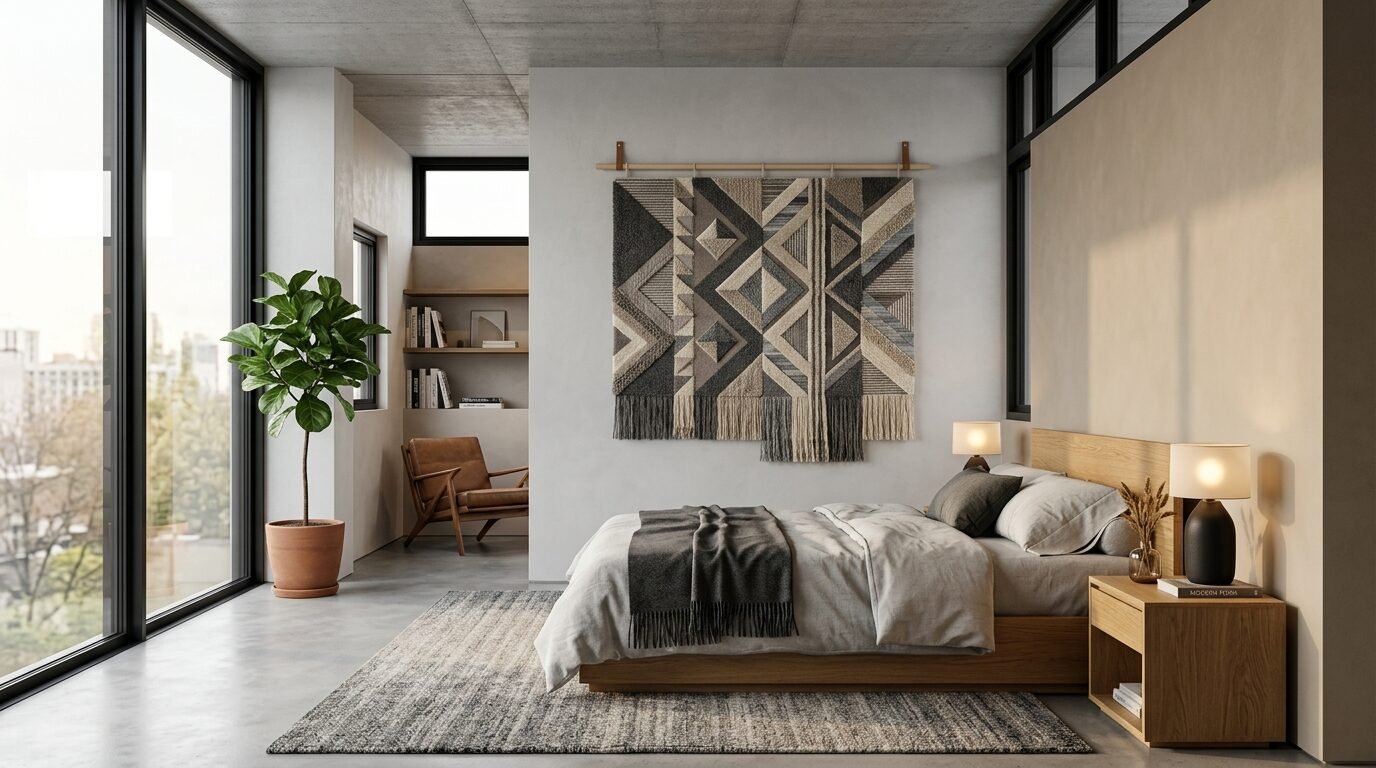 Neutral bedroom with concrete floors, a wood bed frame, and an abstract patterned wall hanging.