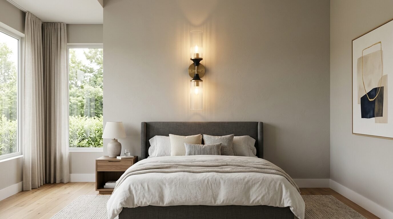 A brass and black dual-cylinder wall lamp mounted above a gray upholstered bed in a neutral room.
