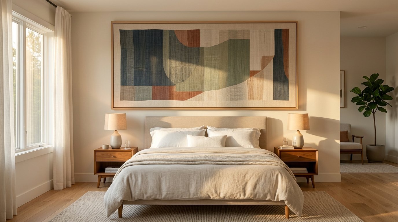 A beige bedroom with a mid-century modern bed, warm sunlight, and a large abstract art piece hanging above the headboard.