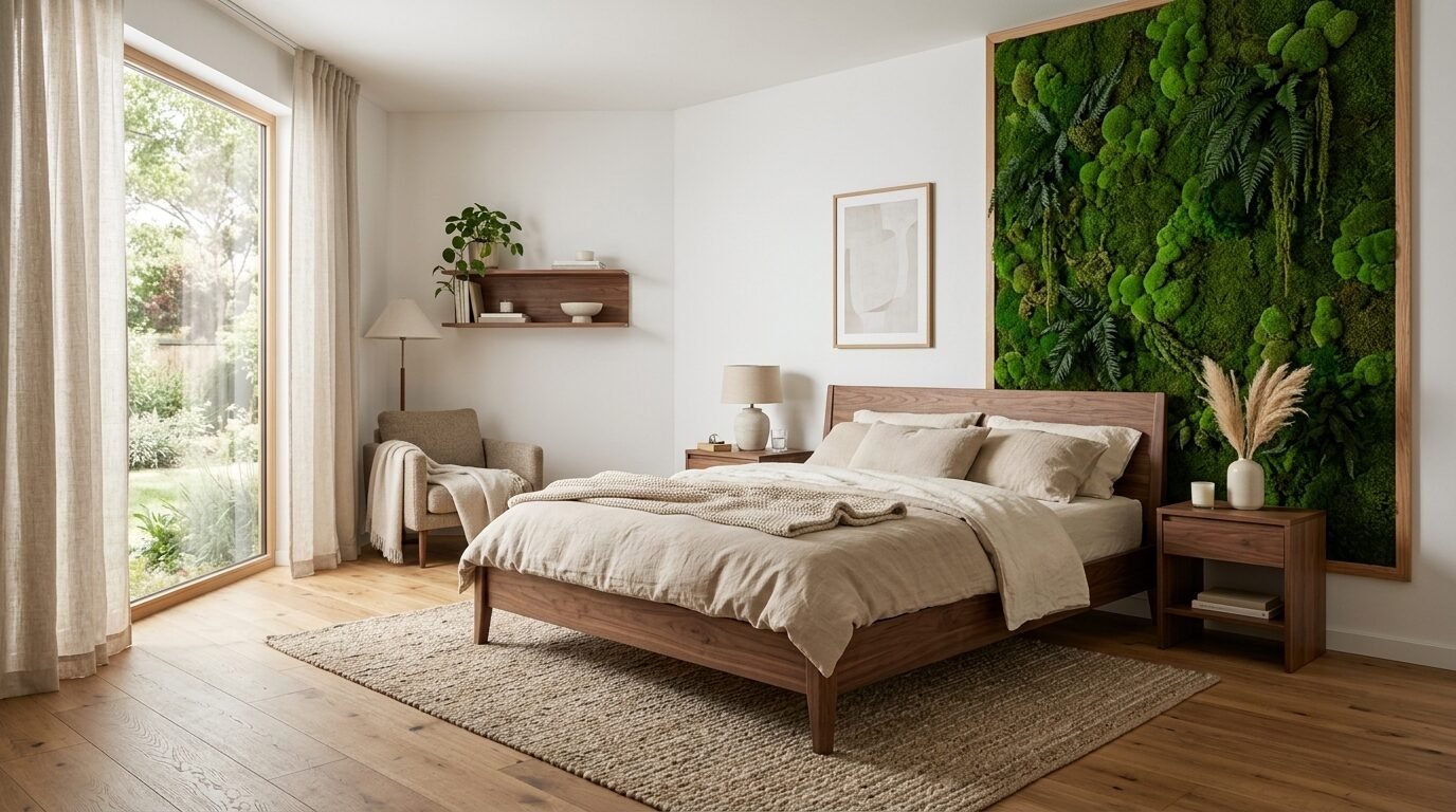 A serene bedroom featuring a wooden bed, neutral bedding, and a large living moss wall feature.
