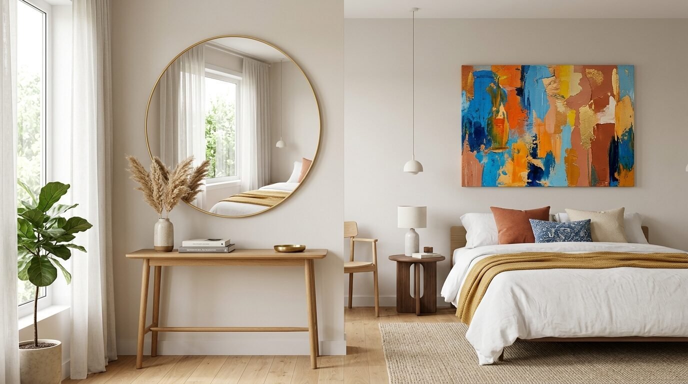 A beige bedroom with a round gold mirror, wood console table, and colorful abstract wall painting above the bed.