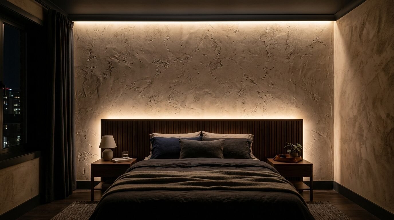 A dimly lit bedroom with textured plaster walls and a backlit wooden headboard.