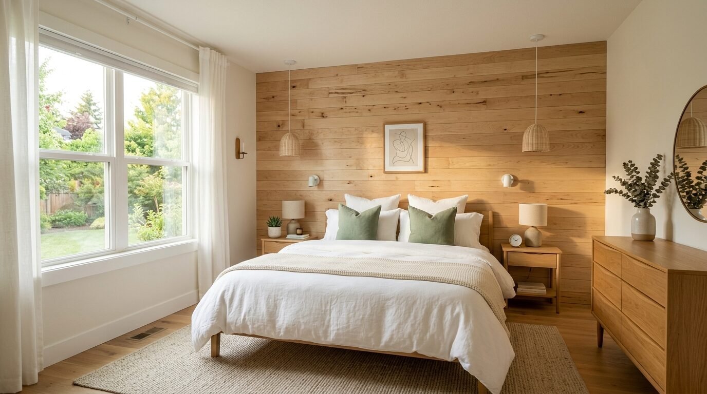 A serene bedroom with a light wood paneled wall, a white bed with sage pillows, and a large sunny window.
