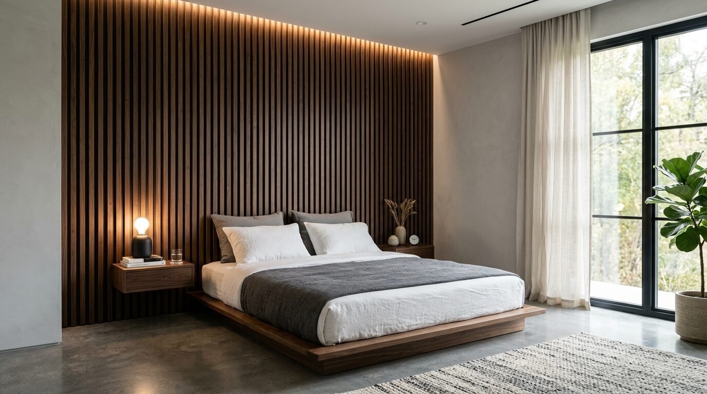 A modern platform bed with grey bedding sits in front of a dark vertical wood slat wall with soft LED cove lighting.