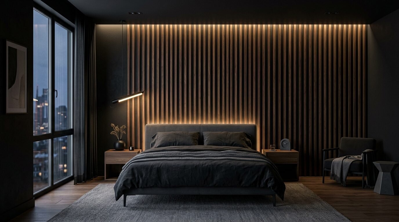 A dark, elegant bedroom with a wood slat feature wall, soft backlighting, and a grey upholstered platform bed.