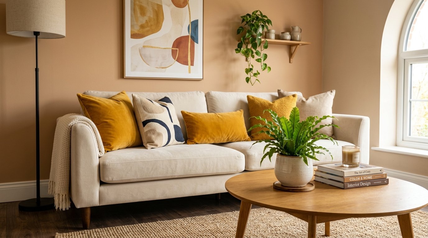 A beige sofa styled with yellow throw pillows sits in a sunlit room near a wooden coffee table and house plants.